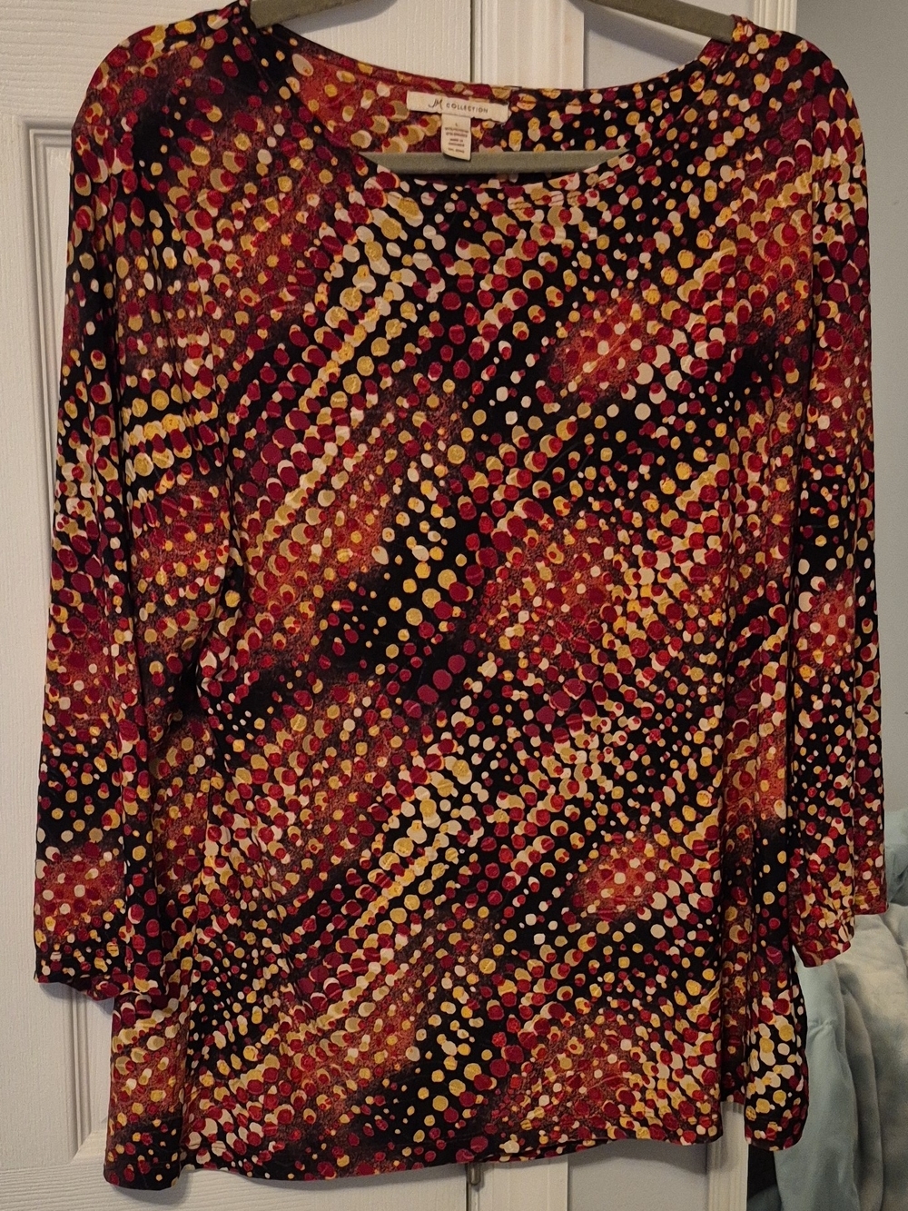 JM Collection Black Long Sleeve Top with Red and Yellow Dot Print